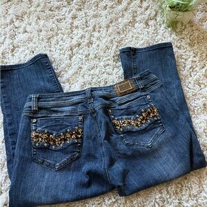 L.A. Idol Dark Blue Boot Cut Jean vintage shorts with Gold Embellishments